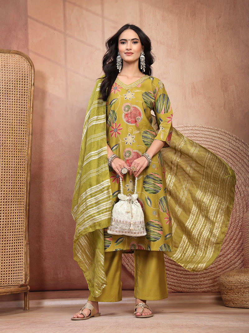 Fresh Green Cotton Straight Kurta Palazzo Set with Embroidery & V-Neck