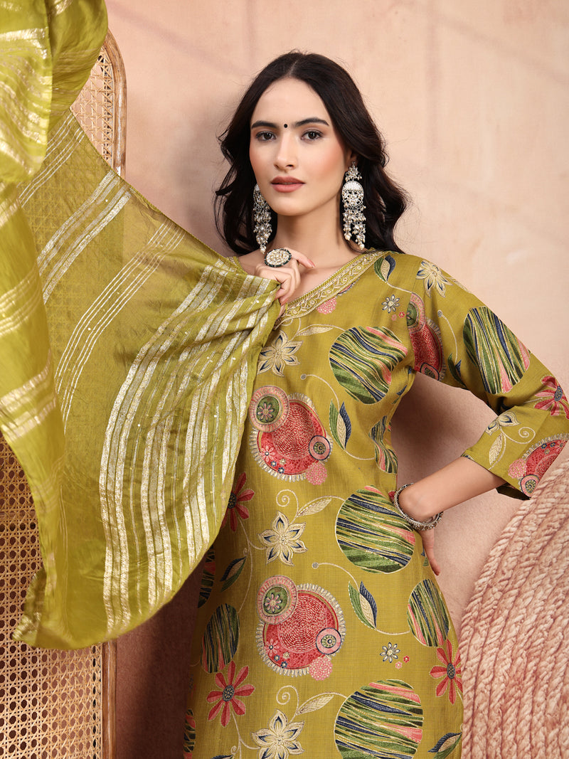 Fresh Green Cotton Straight Kurta Palazzo Set with Embroidery & V-Neck