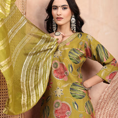 Fresh Green Cotton Straight Kurta Palazzo Set with Embroidery & V-Neck