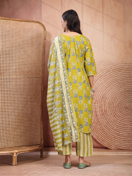 Elegant Green Cotton Straight Kurta Palazzo Set with Embroidery & V-Neck