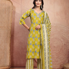 Elegant Green Cotton Straight Kurta Palazzo Set with Embroidery & V-Neck