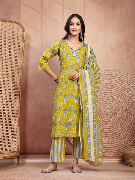 Elegant Green Cotton Straight Kurta Palazzo Set with Embroidery & V-Neck