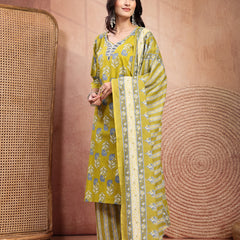 Elegant Green Cotton Straight Kurta Palazzo Set with Embroidery & V-Neck