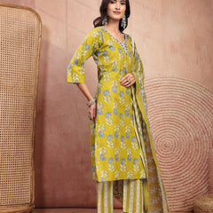 Elegant Green Cotton Straight Kurta Palazzo Set with Embroidery & V-Neck