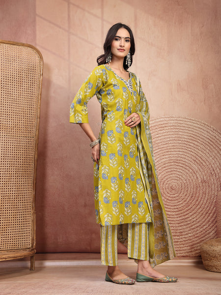 Elegant Green Cotton Straight Kurta Palazzo Set with Embroidery & V-Neck