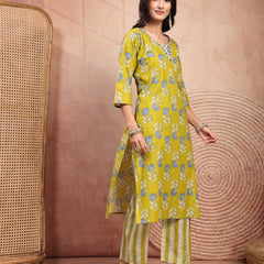 Elegant Green Cotton Straight Kurta Palazzo Set with Embroidery & V-Neck