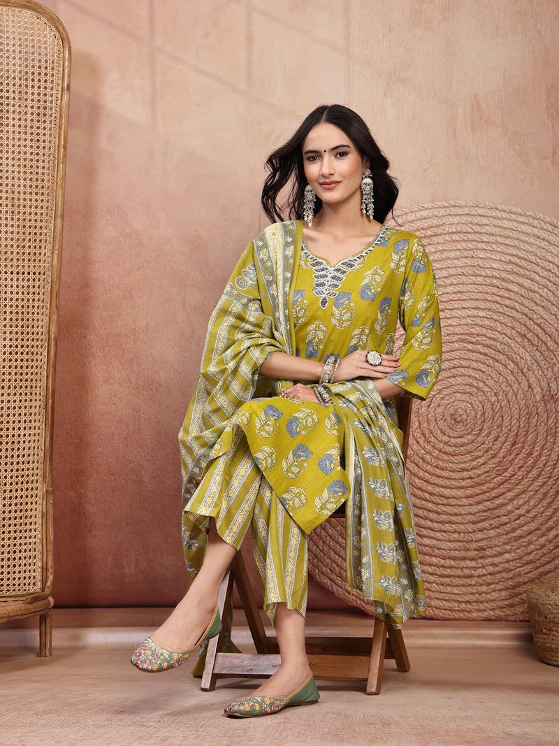 Elegant Green Cotton Straight Kurta Palazzo Set with Embroidery & V-Neck