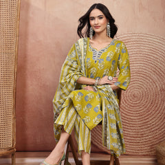Elegant Green Cotton Straight Kurta Palazzo Set with Embroidery & V-Neck