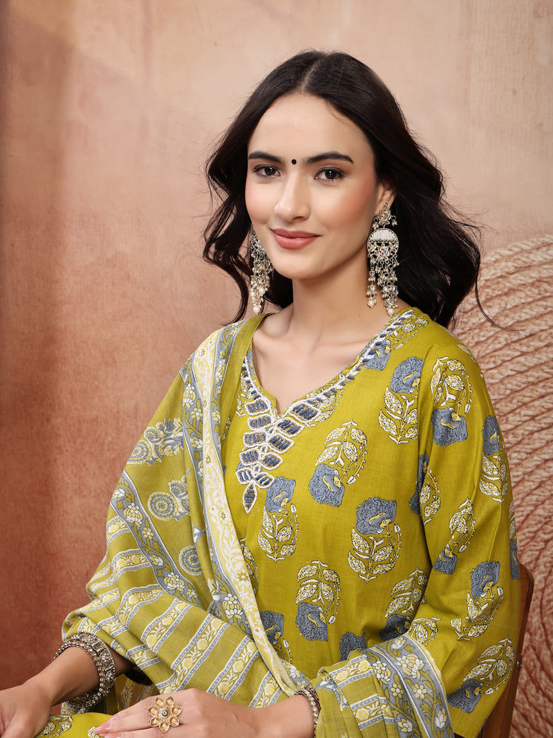 Elegant Green Cotton Straight Kurta Palazzo Set with Embroidery & V-Neck