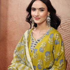 Elegant Green Cotton Straight Kurta Palazzo Set with Embroidery & V-Neck