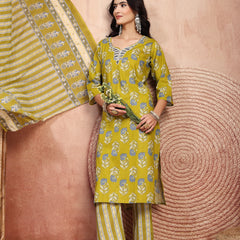 Elegant Green Cotton Straight Kurta Palazzo Set with Embroidery & V-Neck