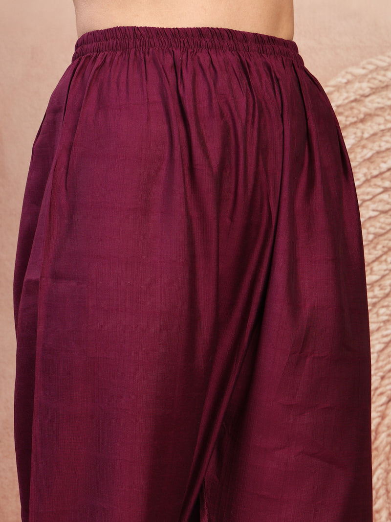 Elegant Burgundy Cotton Straight Kurta Palazzo Set with Embroidery & V-Neck