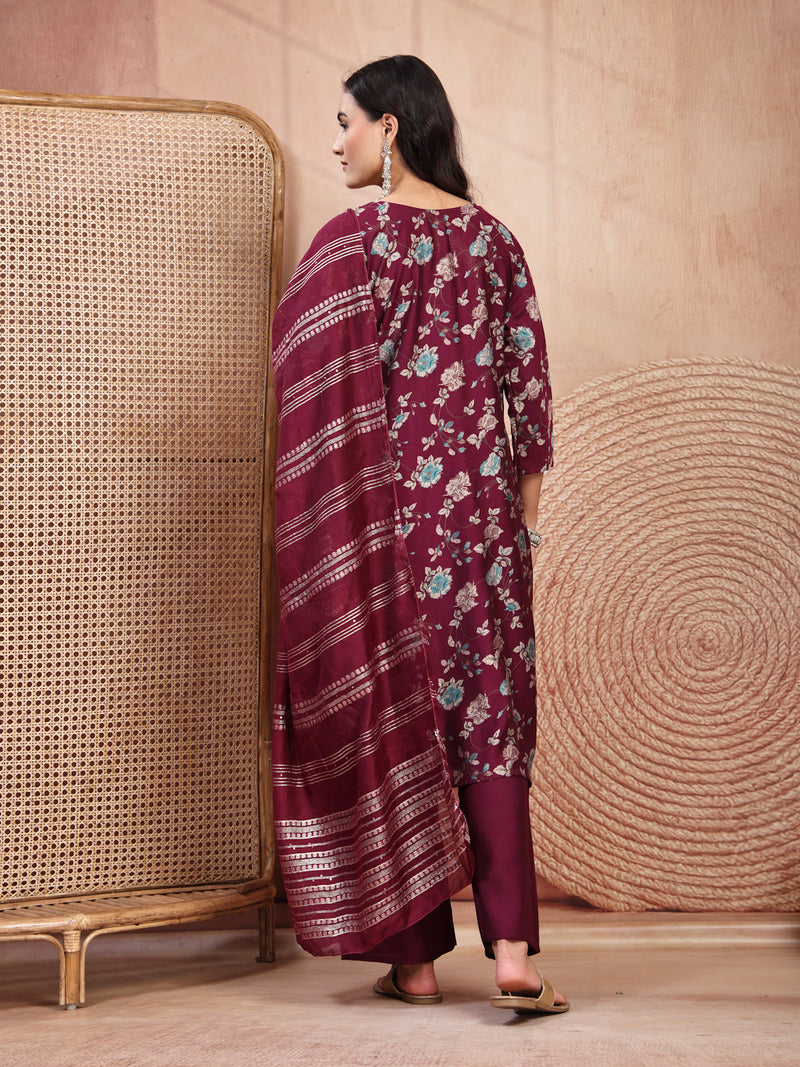 Elegant Burgundy Cotton Straight Kurta Palazzo Set with Embroidery & V-Neck
