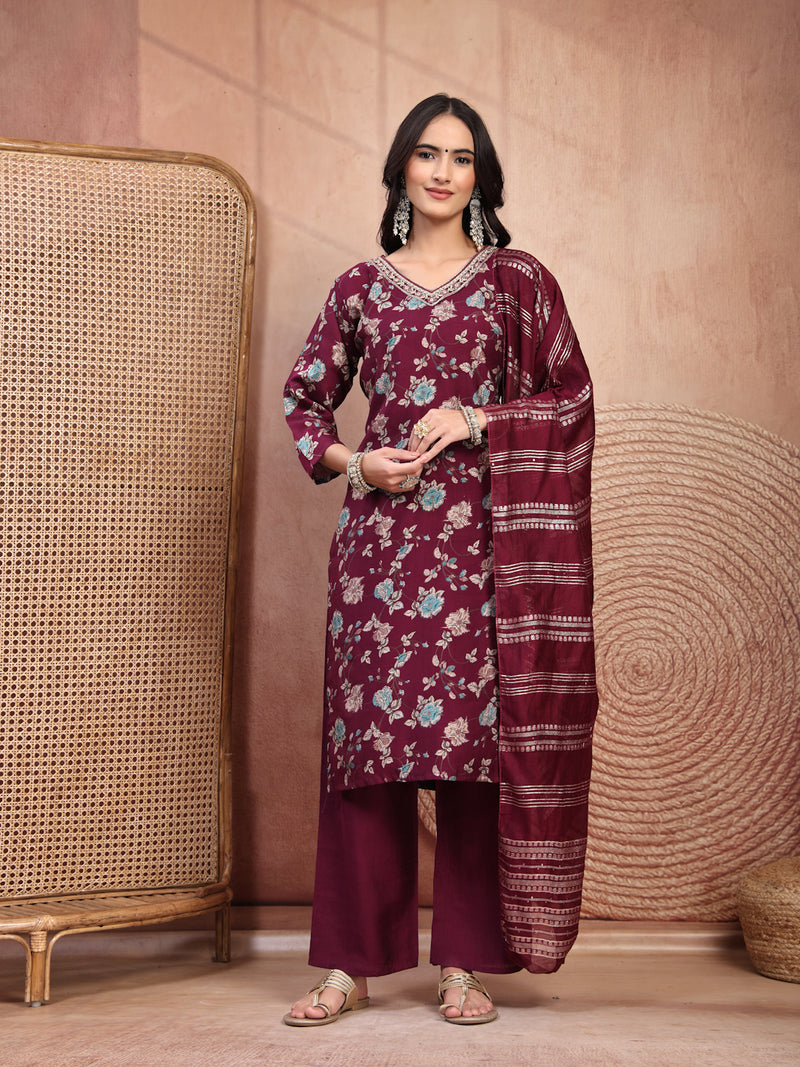 Elegant Burgundy Cotton Straight Kurta Palazzo Set with Embroidery & V-Neck
