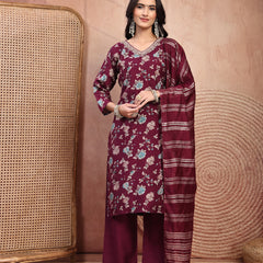 Elegant Burgundy Cotton Straight Kurta Palazzo Set with Embroidery & V-Neck