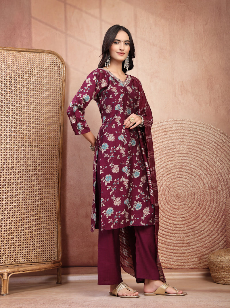 Elegant Burgundy Cotton Straight Kurta Palazzo Set with Embroidery & V-Neck
