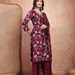 Elegant Burgundy Cotton Straight Kurta Palazzo Set with Embroidery & V-Neck