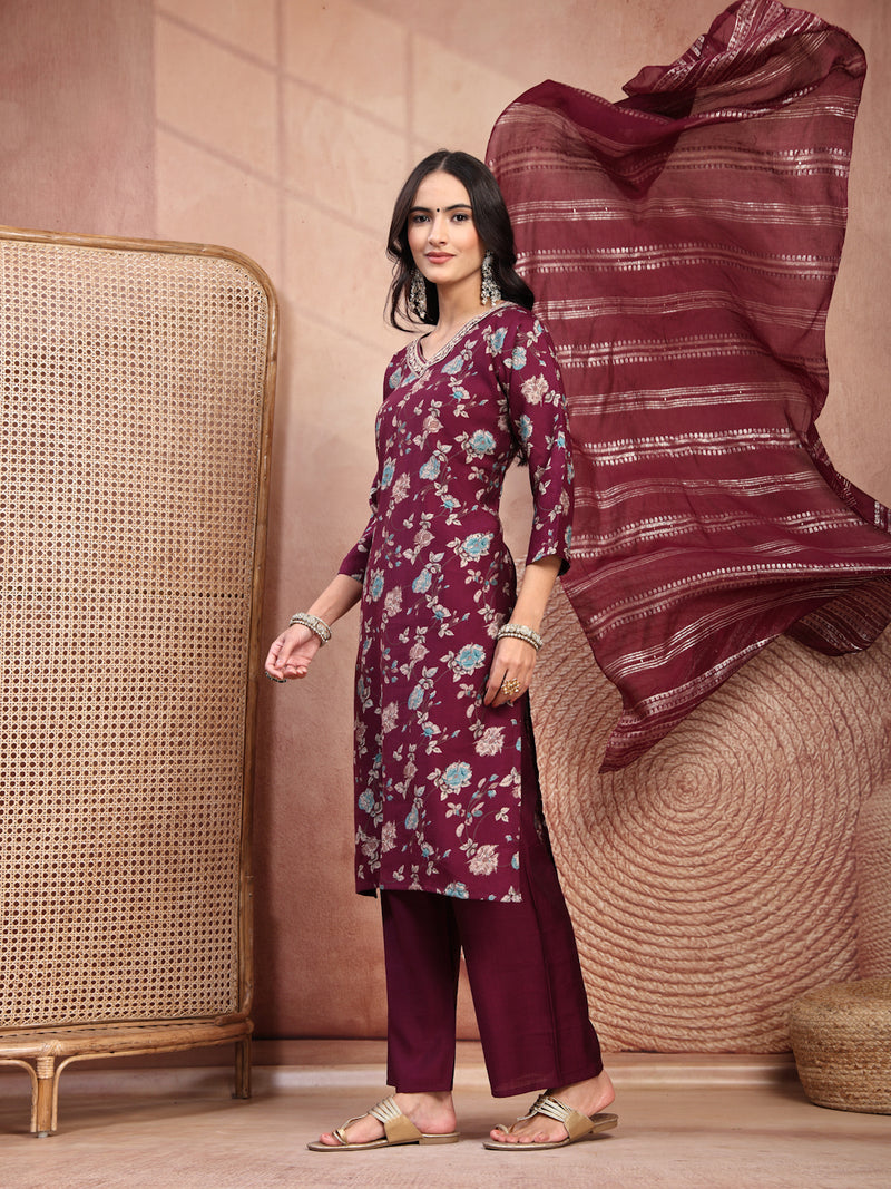 Elegant Burgundy Cotton Straight Kurta Palazzo Set with Embroidery & V-Neck