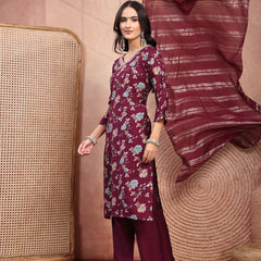 Elegant Burgundy Cotton Straight Kurta Palazzo Set with Embroidery & V-Neck