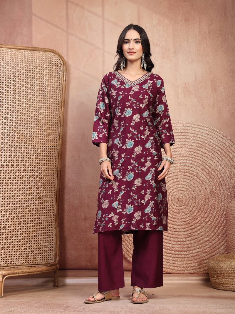 Elegant Burgundy Cotton Straight Kurta Palazzo Set with Embroidery & V-Neck