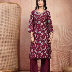 Elegant Burgundy Cotton Straight Kurta Palazzo Set with Embroidery & V-Neck