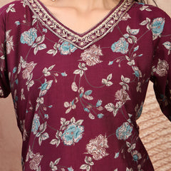 Elegant Burgundy Cotton Straight Kurta Palazzo Set with Embroidery & V-Neck