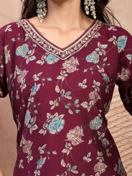 Elegant Burgundy Cotton Straight Kurta Palazzo Set with Embroidery & V-Neck