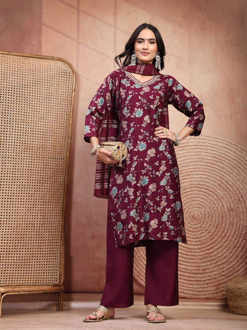 Elegant Burgundy Cotton Straight Kurta Palazzo Set with Embroidery & V-Neck