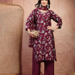 Elegant Burgundy Cotton Straight Kurta Palazzo Set with Embroidery & V-Neck