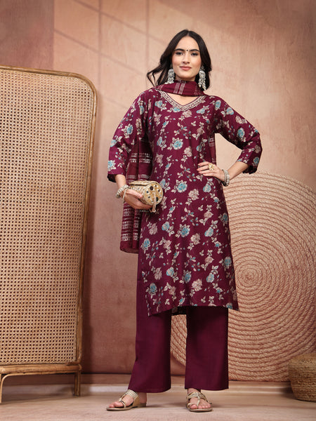 Elegant Burgundy Cotton Straight Kurta Palazzo Set with Embroidery & V-Neck