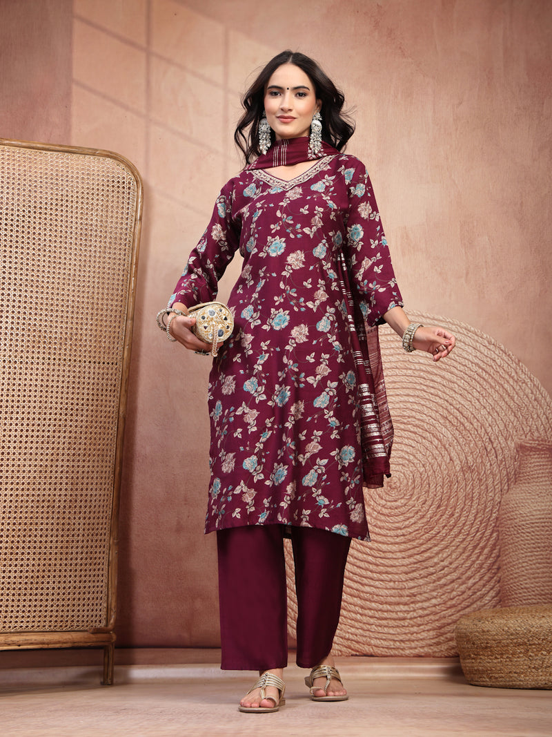 Elegant Burgundy Cotton Straight Kurta Palazzo Set with Embroidery & V-Neck