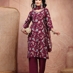 Elegant Burgundy Cotton Straight Kurta Palazzo Set with Embroidery & V-Neck