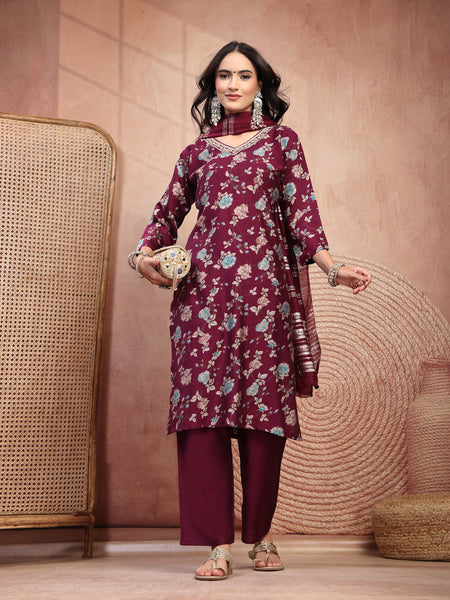 Elegant Burgundy Cotton Straight Kurta Palazzo Set with Embroidery & V-Neck