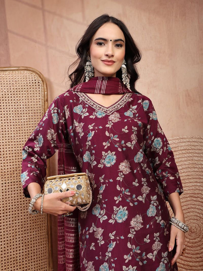 Elegant Burgundy Cotton Straight Kurta Palazzo Set with Embroidery & V-Neck