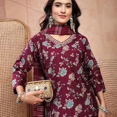 Elegant Burgundy Cotton Straight Kurta Palazzo Set with Embroidery & V-Neck