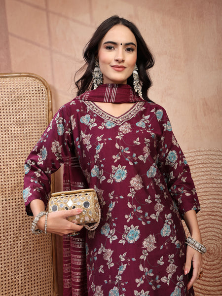 Elegant Burgundy Cotton Straight Kurta Palazzo Set with Embroidery & V-Neck