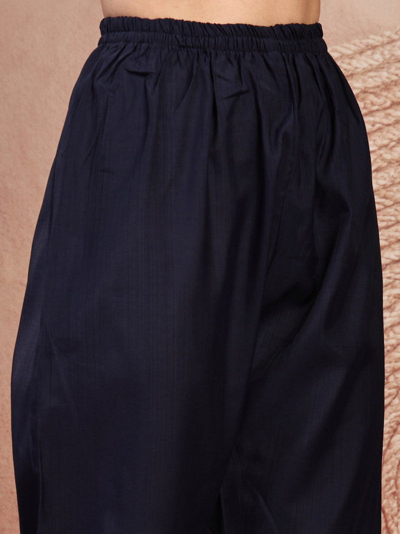 Elegant Navy Blue Cotton Straight Kurta Palazzo Set with Embroidery & V-Neck