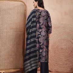 Elegant Navy Blue Cotton Straight Kurta Palazzo Set with Embroidery & V-Neck