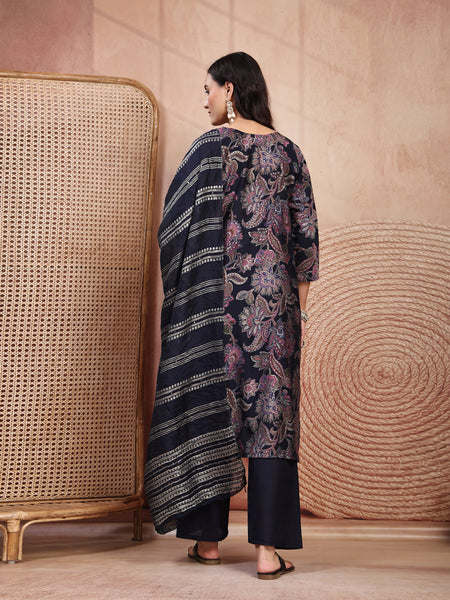 Elegant Navy Blue Cotton Straight Kurta Palazzo Set with Embroidery & V-Neck