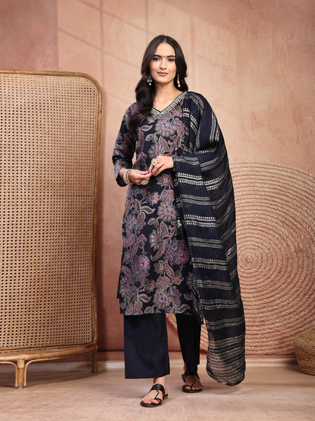 Elegant Navy Blue Cotton Straight Kurta Palazzo Set with Embroidery & V-Neck