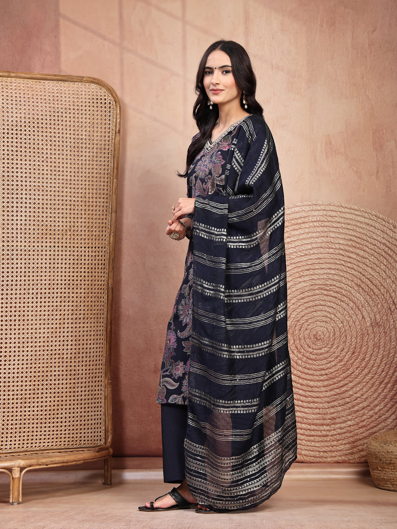 Elegant Navy Blue Cotton Straight Kurta Palazzo Set with Embroidery & V-Neck