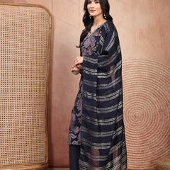 Elegant Navy Blue Cotton Straight Kurta Palazzo Set with Embroidery & V-Neck