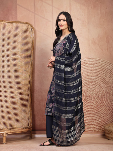 Elegant Navy Blue Cotton Straight Kurta Palazzo Set with Embroidery & V-Neck