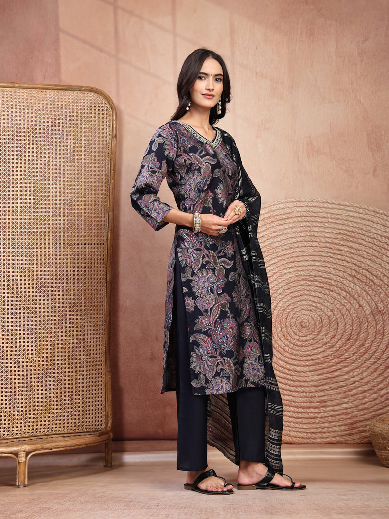 Elegant Navy Blue Cotton Straight Kurta Palazzo Set with Embroidery & V-Neck