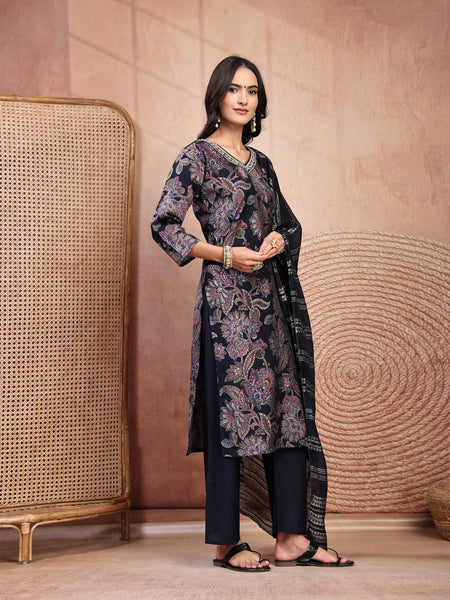 Elegant Navy Blue Cotton Straight Kurta Palazzo Set with Embroidery & V-Neck