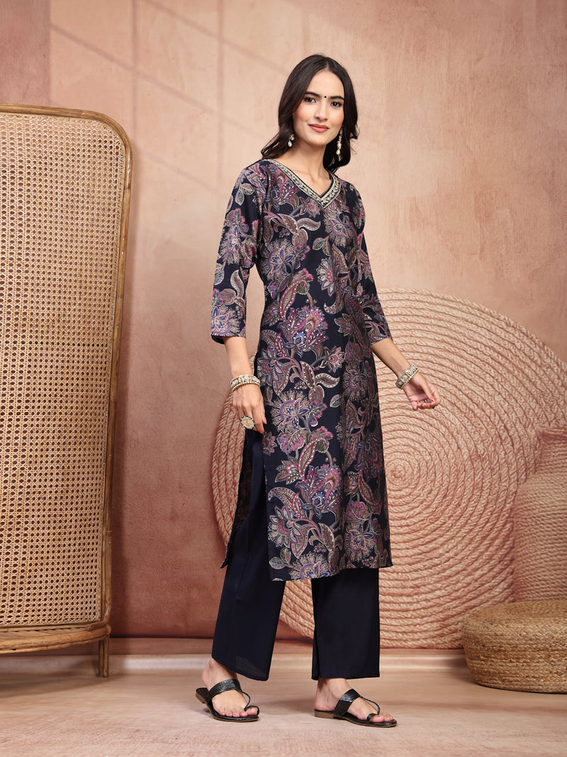 Elegant Navy Blue Cotton Straight Kurta Palazzo Set with Embroidery & V-Neck