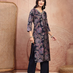Elegant Navy Blue Cotton Straight Kurta Palazzo Set with Embroidery & V-Neck