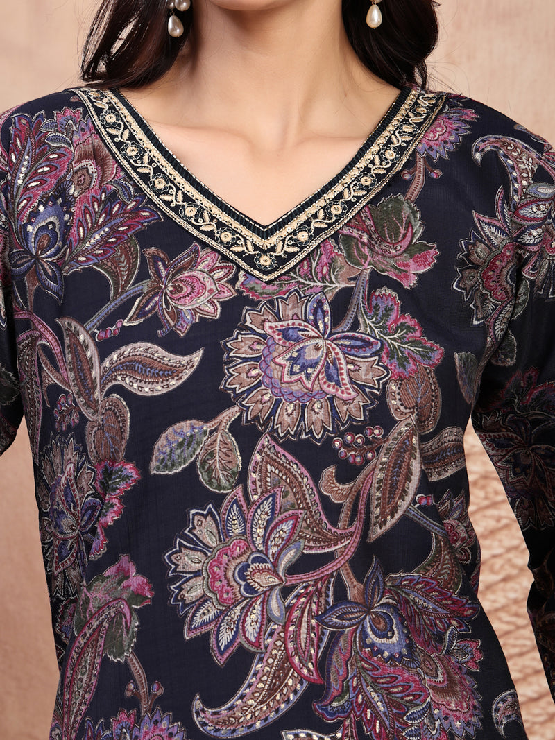 Elegant Navy Blue Cotton Straight Kurta Palazzo Set with Embroidery & V-Neck
