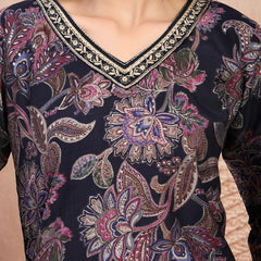 Elegant Navy Blue Cotton Straight Kurta Palazzo Set with Embroidery & V-Neck