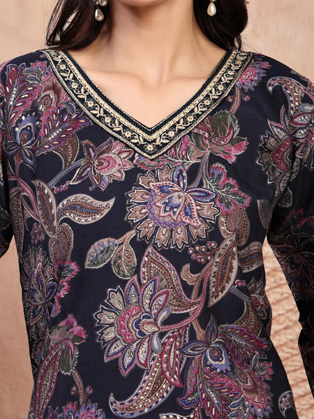 Elegant Navy Blue Cotton Straight Kurta Palazzo Set with Embroidery & V-Neck